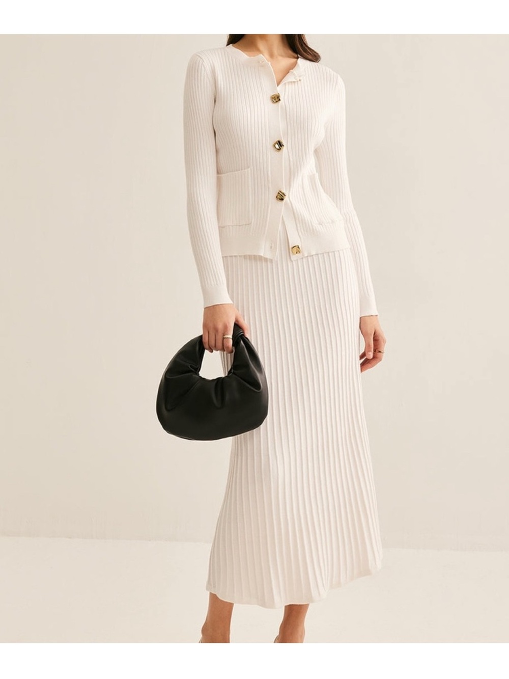 Commense Cream Ribbed Knit Maxi Skirt